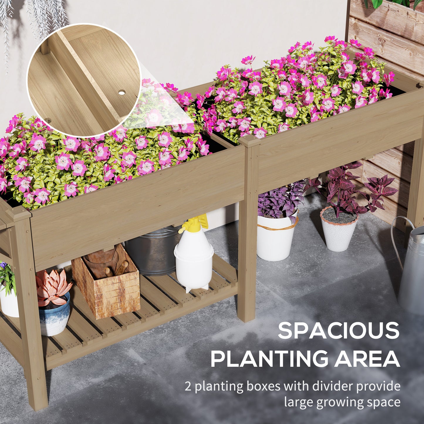Wood Raised Garden Box, Elevated Garden Bed With Side Table, Bottom Shelf, Bed Liners And Drainage Holes, Carbonized