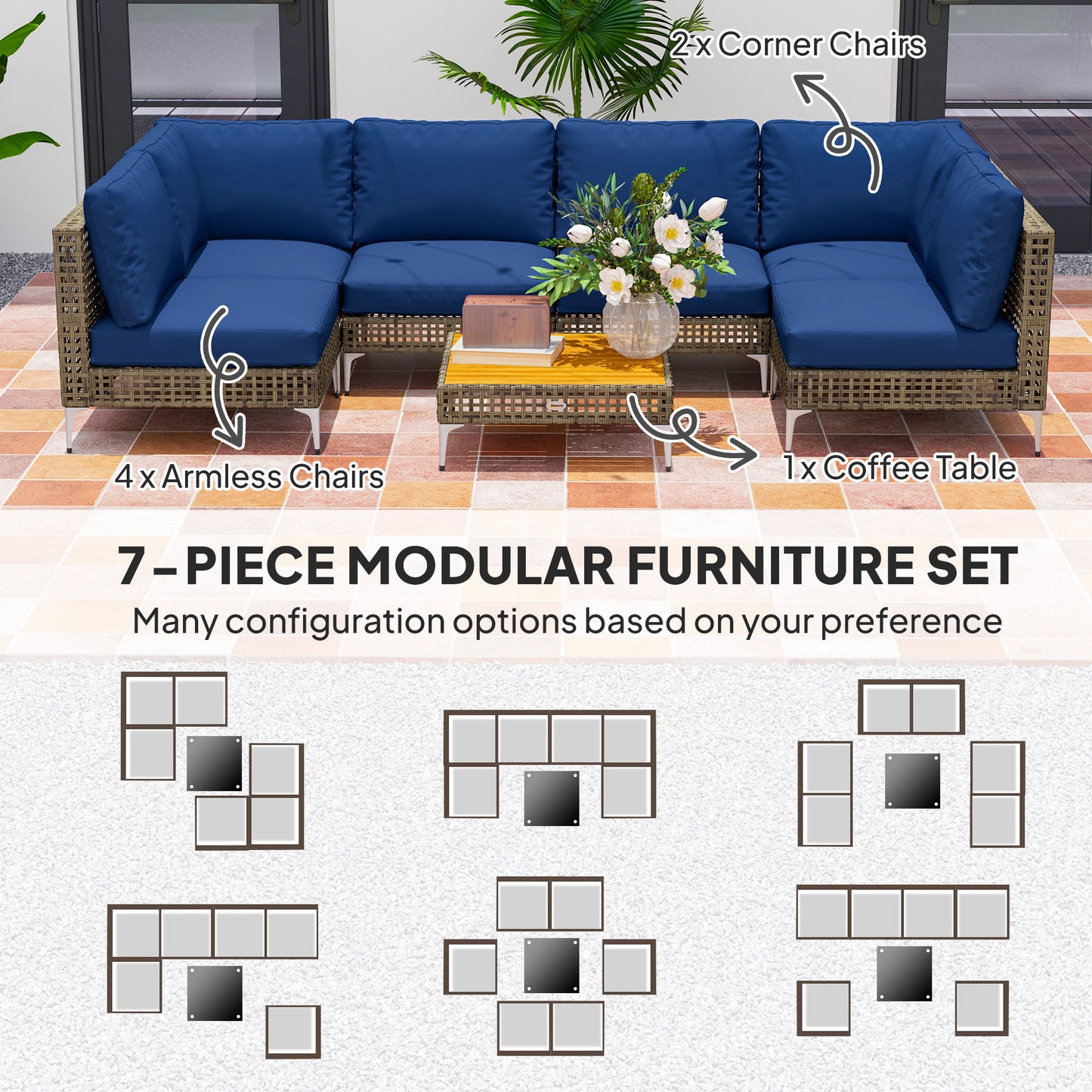 7 Piece Wicker Patio Furniture Set, Modular Outdoor Sectional With Thickened Cushions, Acacia Wood Table, Brown Blue