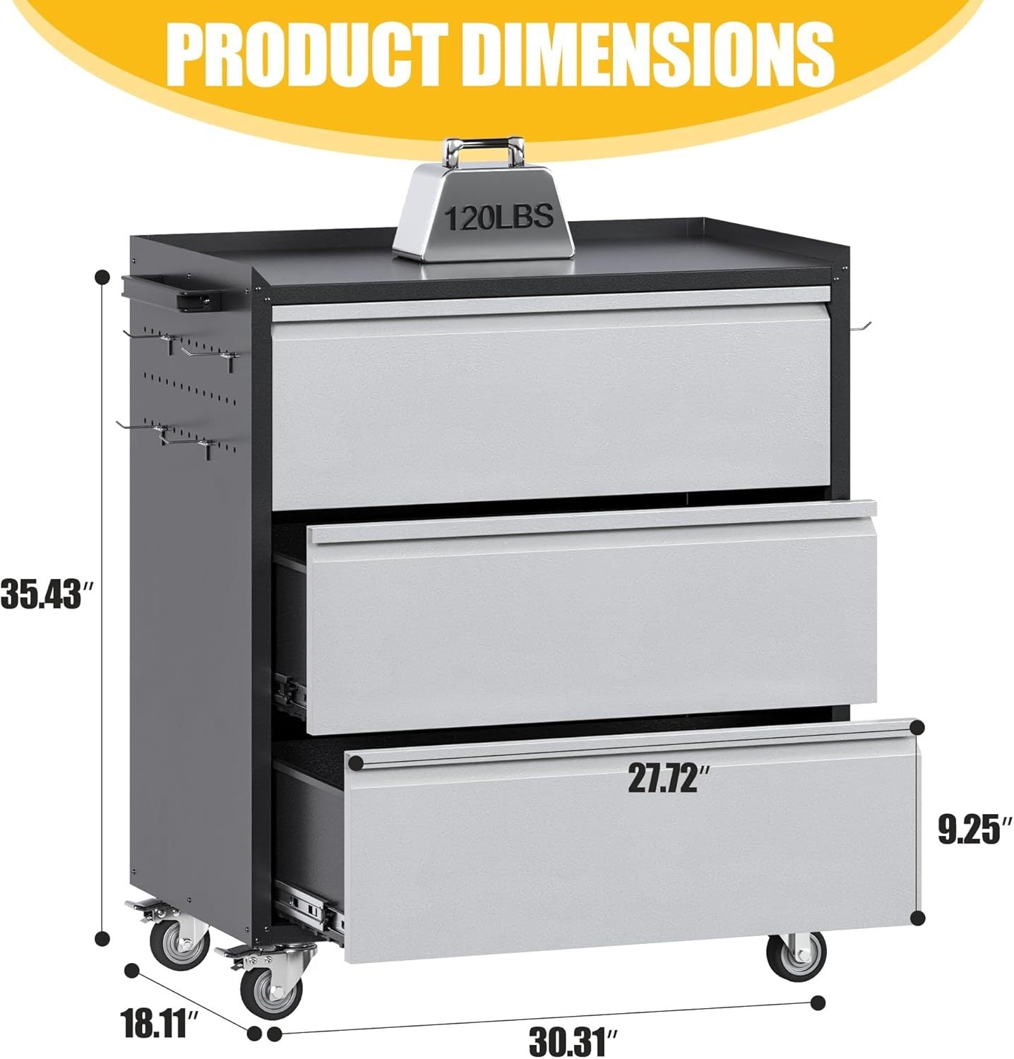 Aobabo Metal Garage Tool Storage Cabinets With Wheels, Steel Cabinet With Drawer, 3 Drawers Rolling Tools Chest Cabinet For Garage, Warehouse, Assembly Required, Black Grey