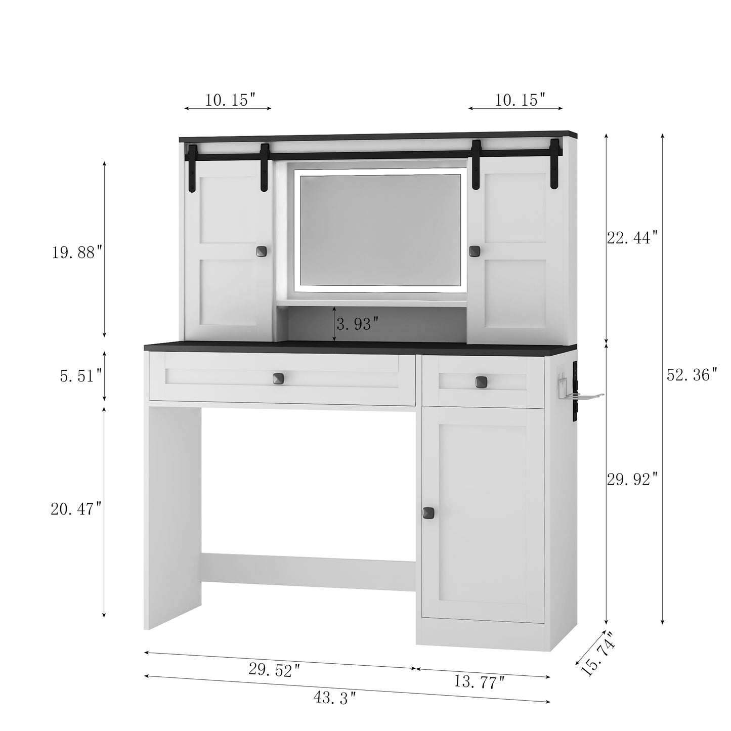 Farmhouse Dressing Table Makeup Table, Wide Dressing Table With Lighted Mirror And Makeup Drawer, Large Modern Dressing Table Set With Hair Dryer Holder For Bedroom, White