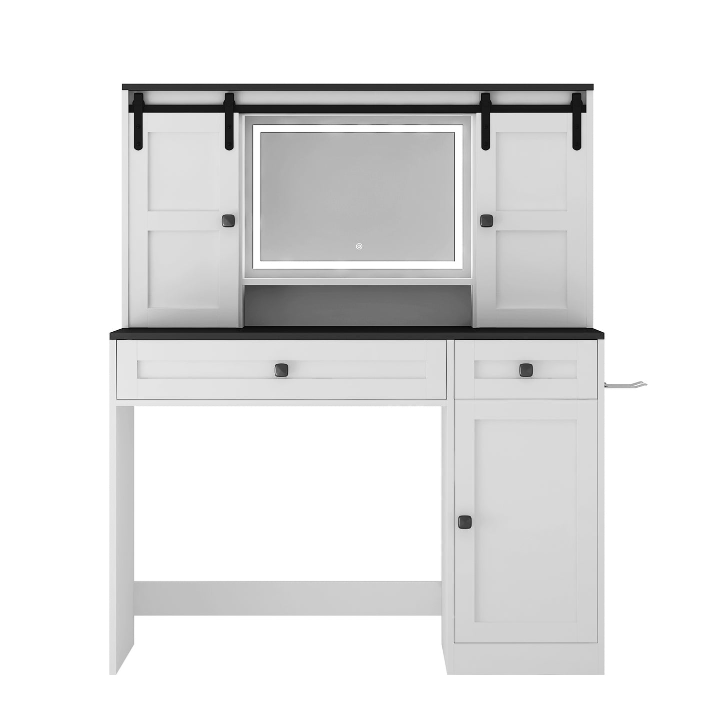 Farmhouse Dressing Table Makeup Table, Wide Dressing Table With Lighted Mirror And Makeup Drawer, Large Modern Dressing Table Set With Hair Dryer Holder For Bedroom, White