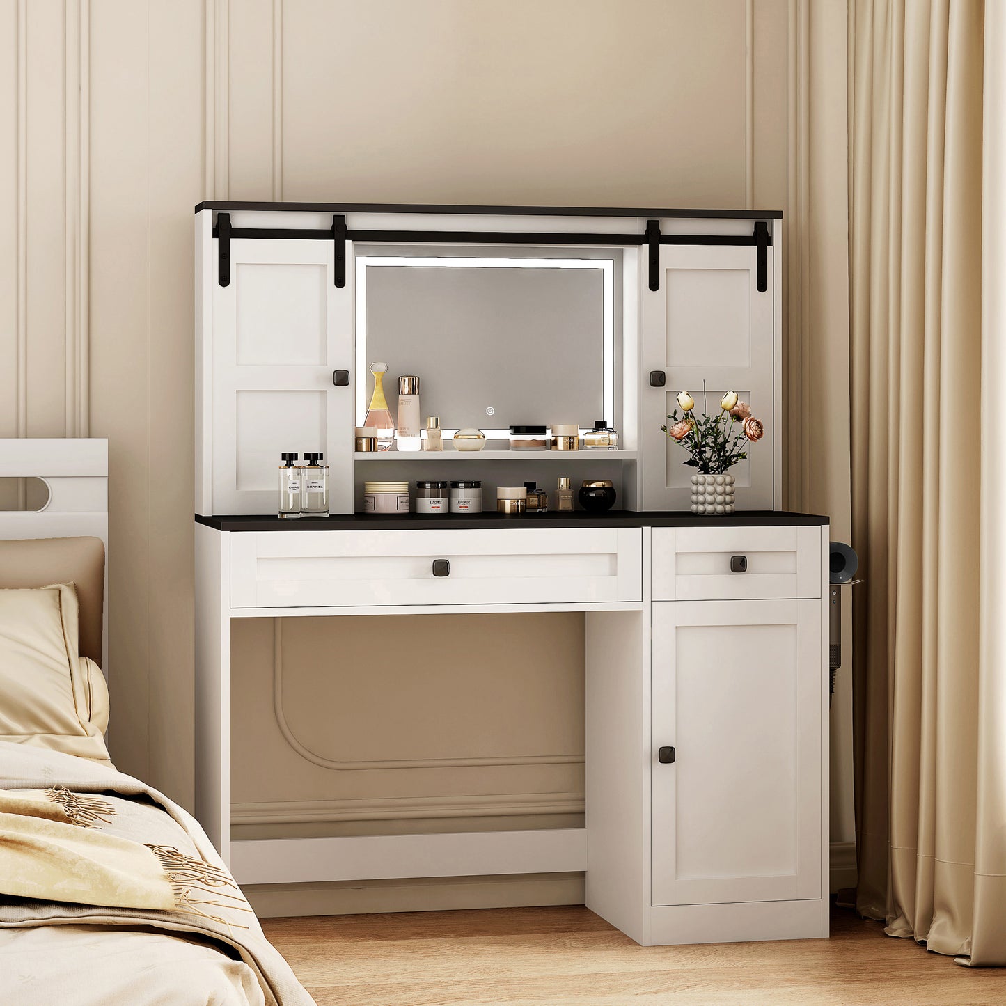 Farmhouse Dressing Table Makeup Table, Wide Dressing Table With Lighted Mirror And Makeup Drawer, Large Modern Dressing Table Set With Hair Dryer Holder For Bedroom, White