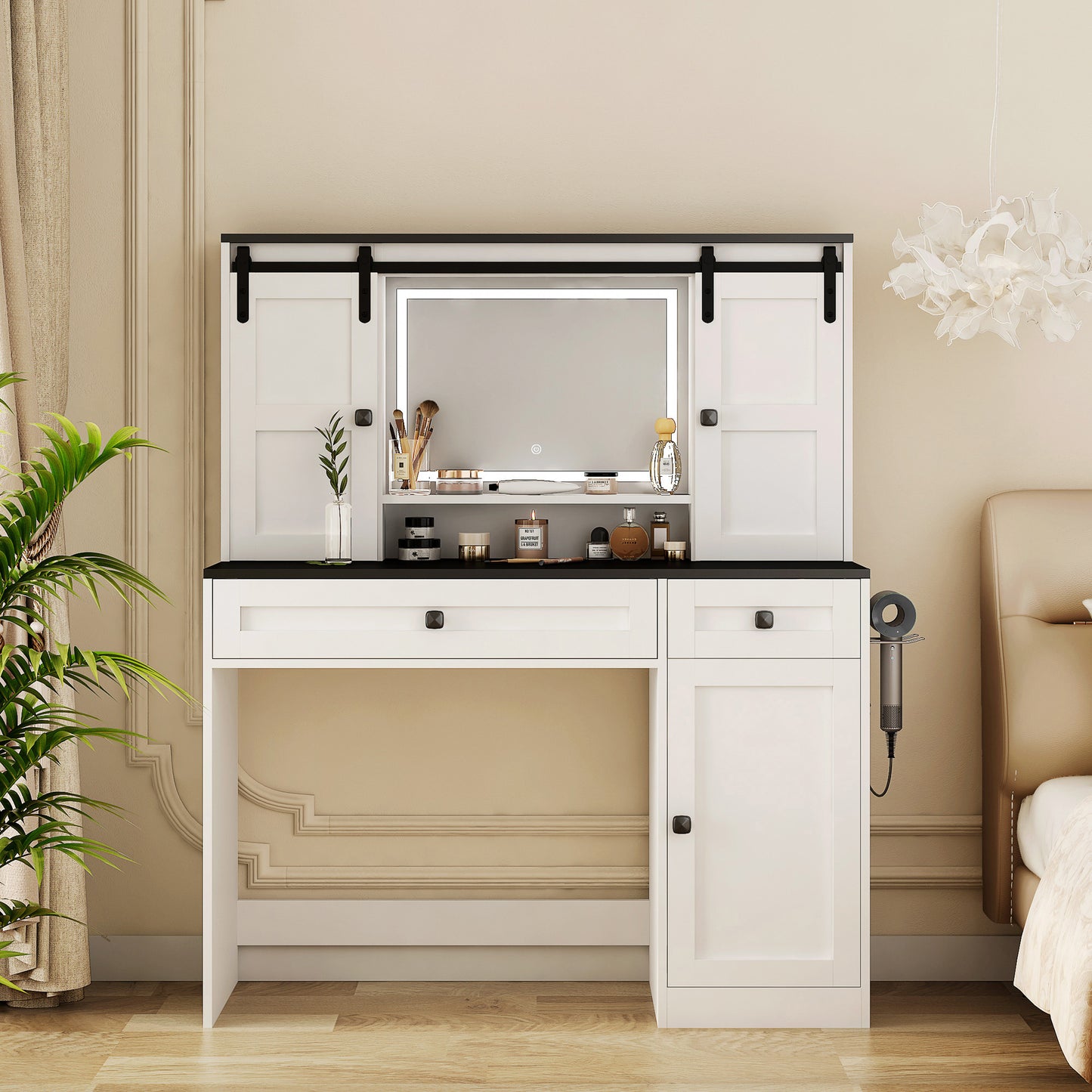 Farmhouse Dressing Table Makeup Table, Wide Dressing Table With Lighted Mirror And Makeup Drawer, Large Modern Dressing Table Set With Hair Dryer Holder For Bedroom, White