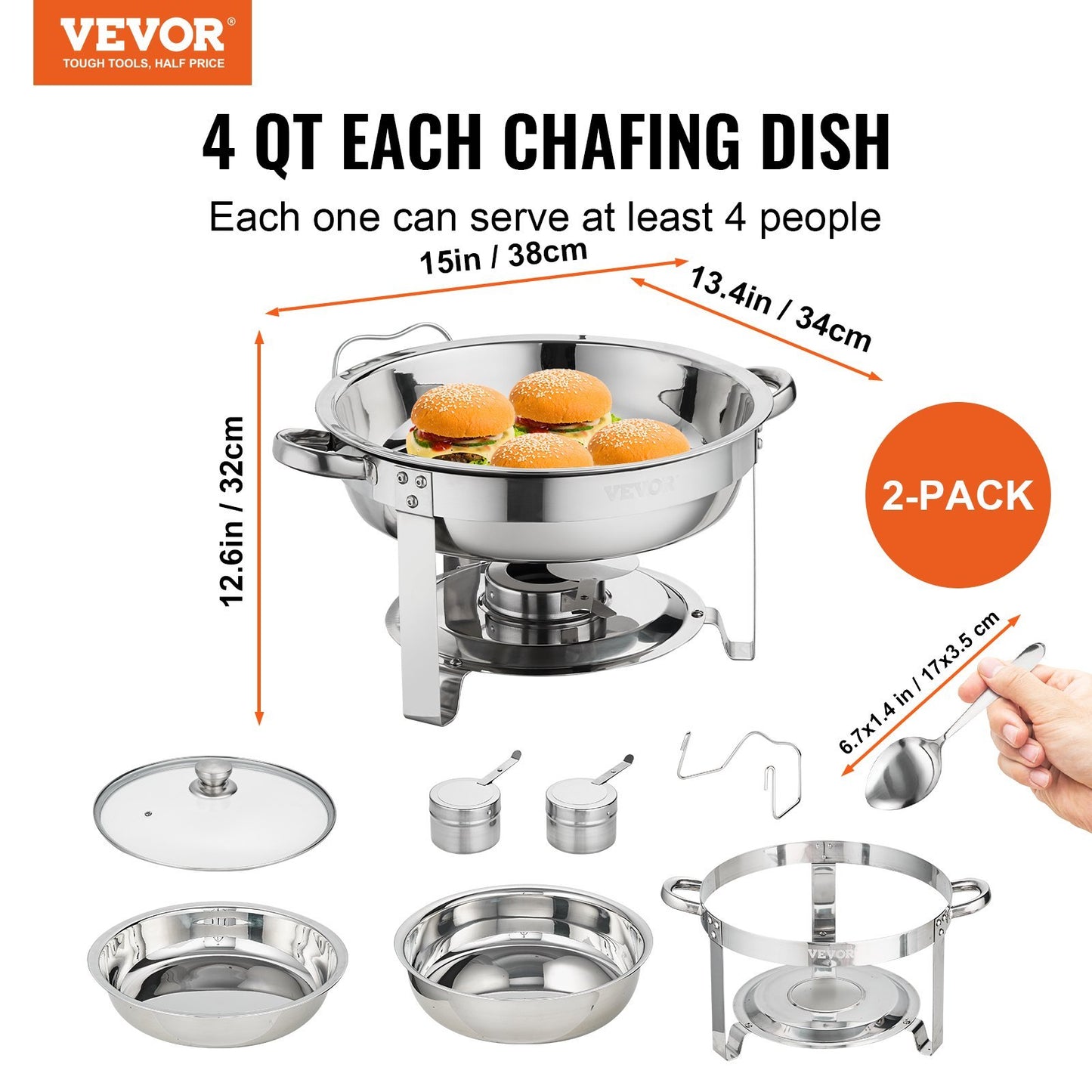 VEVOR 2-Pack Round Chafing Dish Set With Full-Size 4Qt Pan Glass Lid Fuel Holder