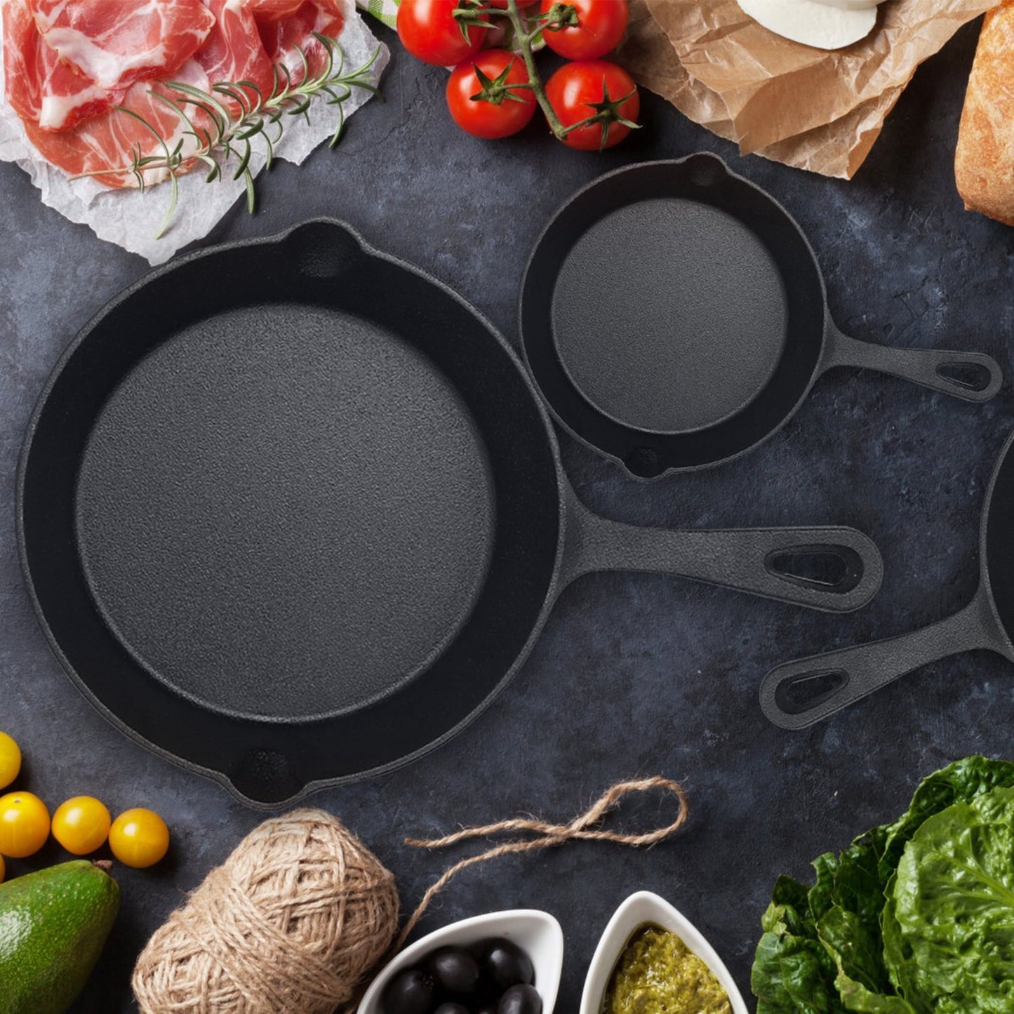 3Pcs Pre-Seasoned Cast Iron Skillet Set 6in 8in 10in Non-Stick Oven Safe Cookware Heat-Resistant Frying Pan For Frying Cooking Baking