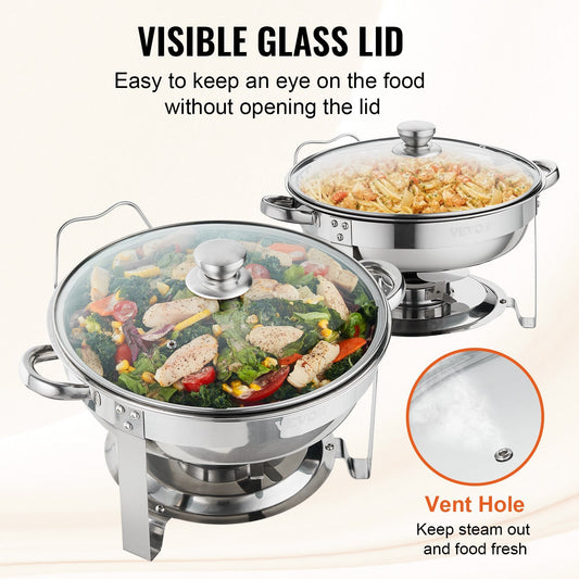 VEVOR 2-Pack Round Chafing Dish Set With Full-Size 4Qt Pan Glass Lid Fuel Holder
