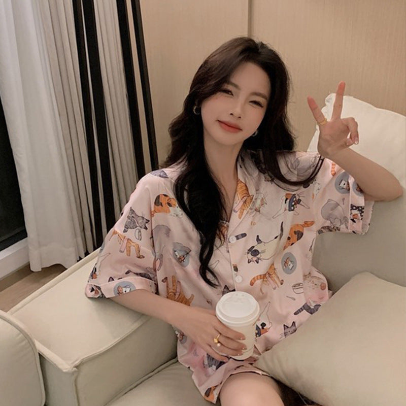 Simple Cat Cartoon Print Thin Pajamas Women