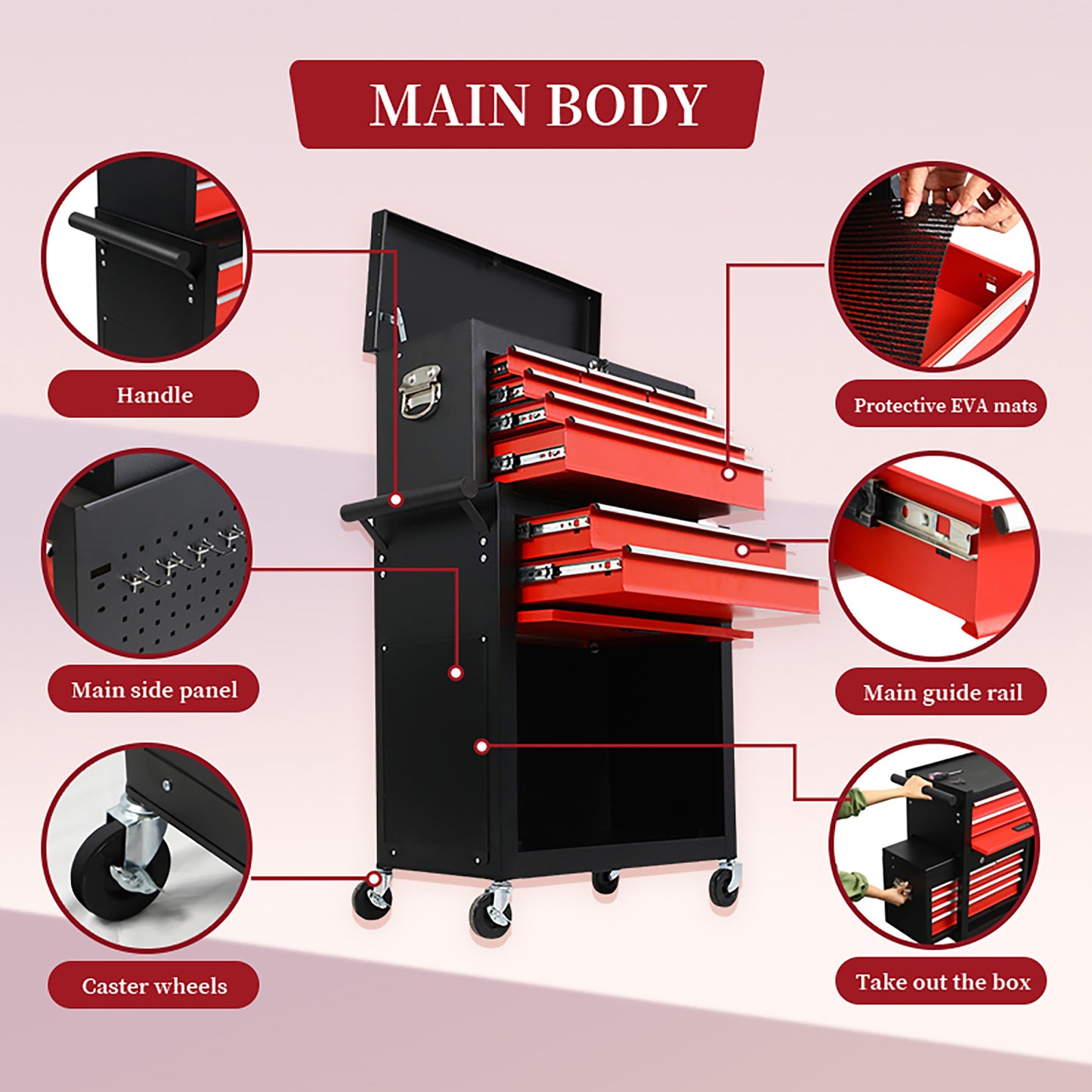 Eight-drawer Large Capacity Rolling Toolbox, Detachable Cabinet Storage Toolbox With Wheels And Drawers, Detachable Toolbox With Lock For Workshop Mechanical Garage BLACK RED