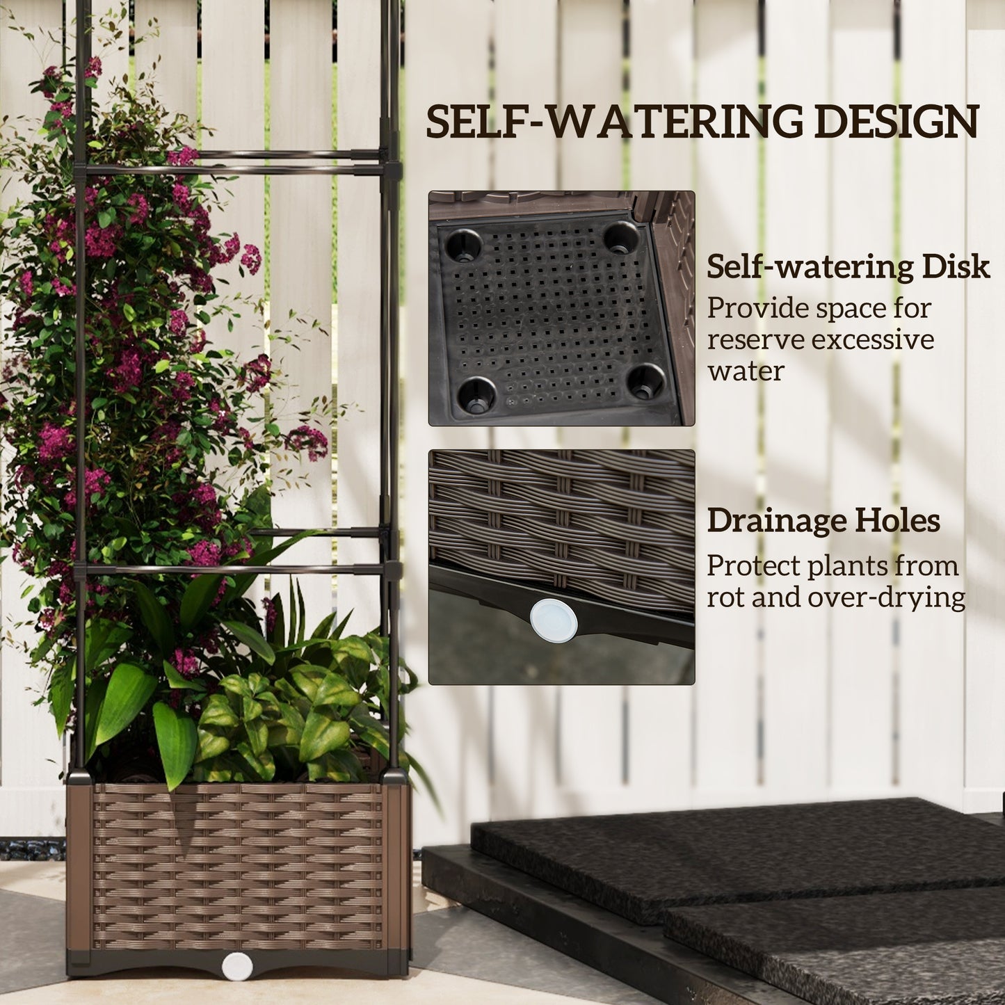 Elevated Garden Bed With Trellis Outdoor Planter Box Self-Watering With Drainage Brown