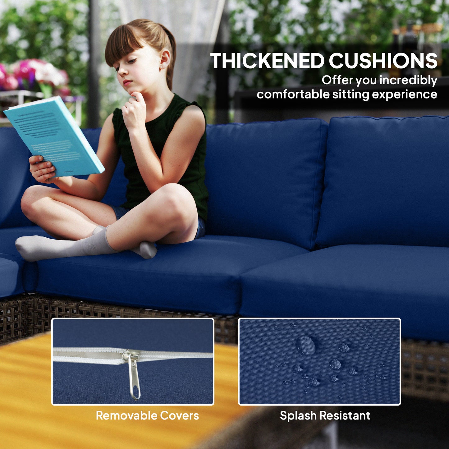 7 Piece Wicker Patio Furniture Set, Modular Outdoor Sectional With Thickened Cushions, Acacia Wood Table, Brown Blue