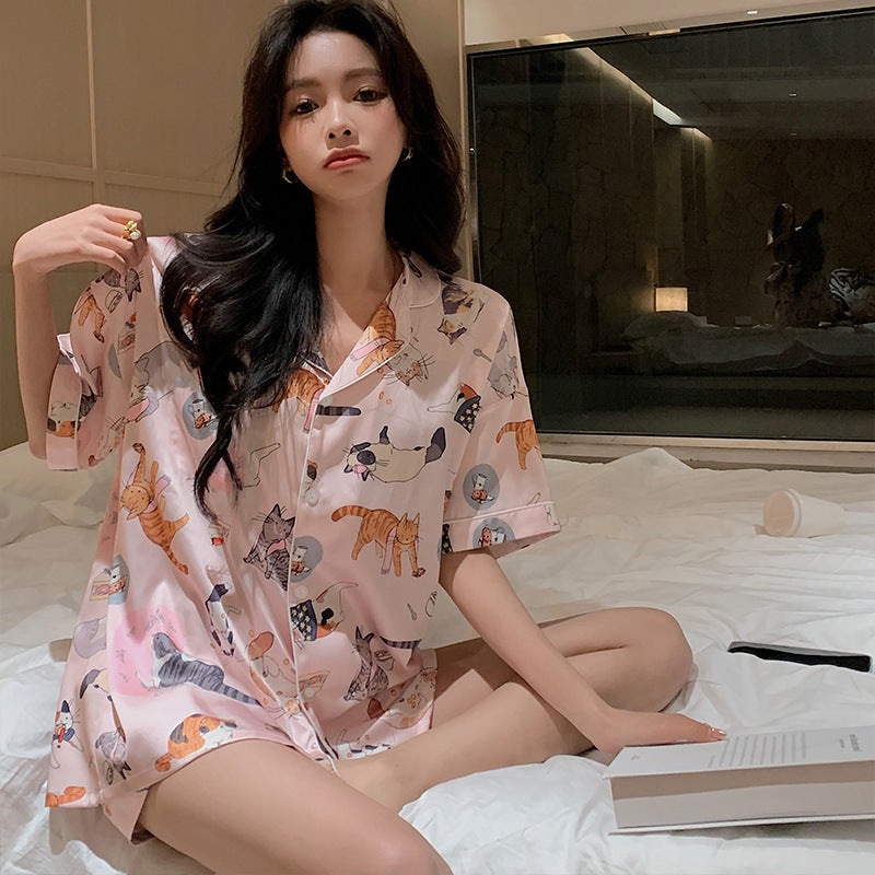 Simple Cat Cartoon Print Thin Pajamas Women