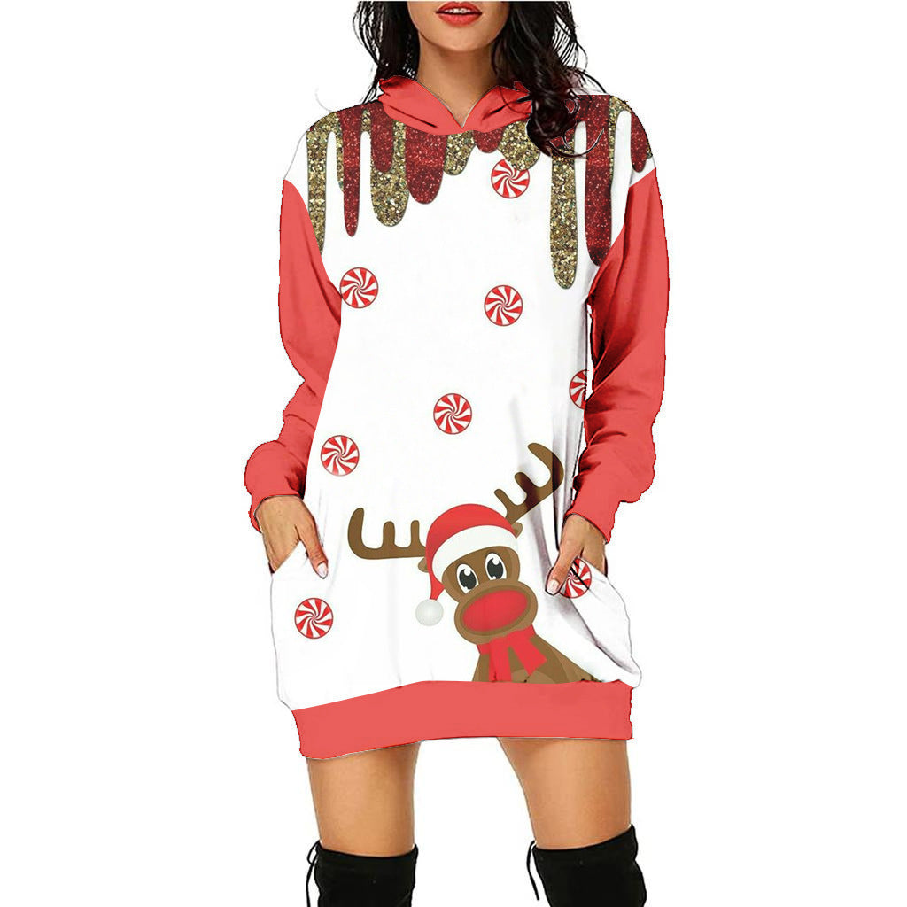 Women's Fashion Printed Christmas Holiday Party Sweatshirt Dresses
