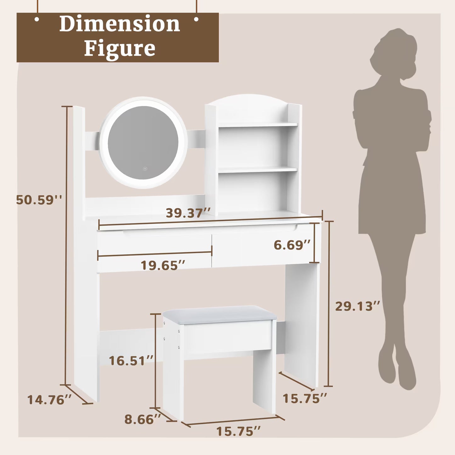 VFF Schminktisch fürs Schlafzimmer, moderner minimalistischer Schminkschrank, Schminkspiegel fürs Hauptschlafzimmer, Schminktisch
