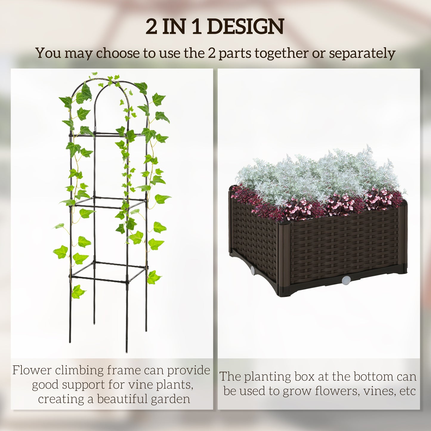 Elevated Garden Bed With Trellis Outdoor Planter Box Self-Watering With Drainage Brown