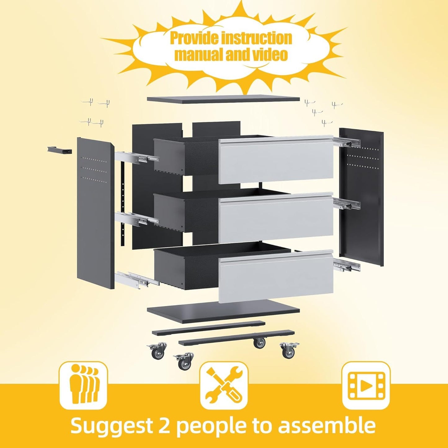 Aobabo Metal Garage Tool Storage Cabinets With Wheels, Steel Cabinet With Drawer, 3 Drawers Rolling Tools Chest Cabinet For Garage, Warehouse, Assembly Required, Black Grey