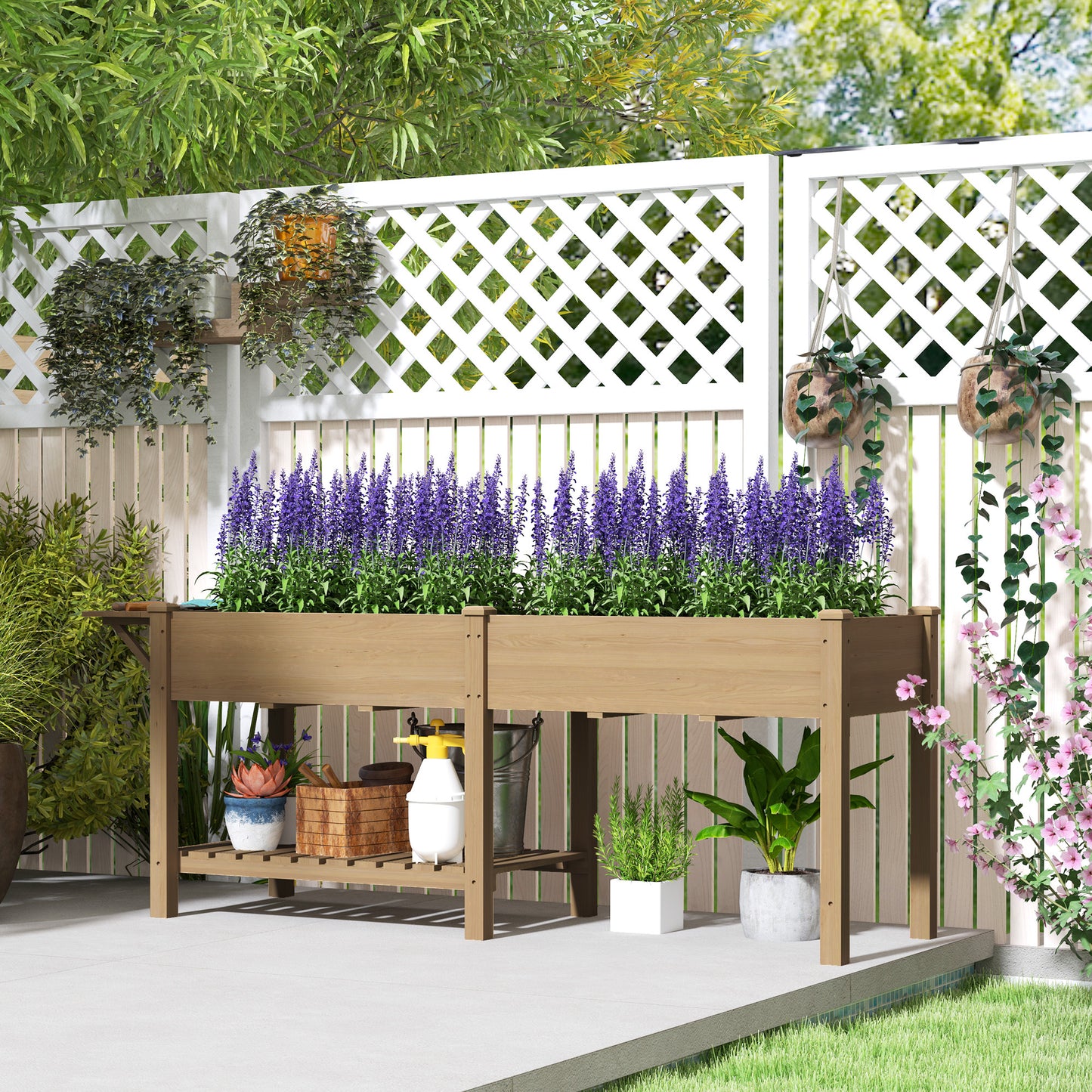 Wood Raised Garden Box, Elevated Garden Bed With Side Table, Bottom Shelf, Bed Liners And Drainage Holes, Carbonized