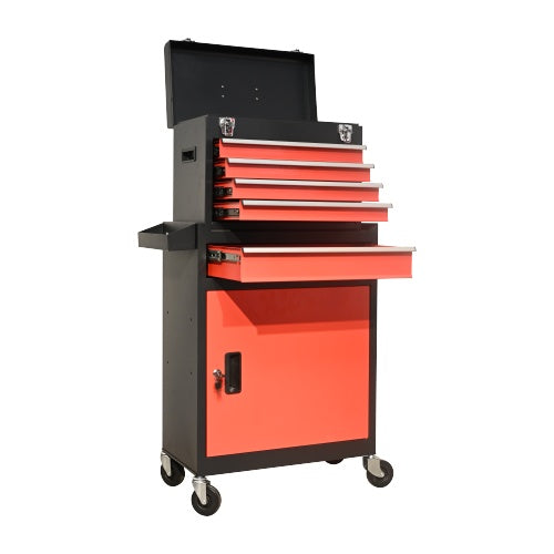 Five-Drawer Rolling Tool Chest With Wheels, Detachable Cabinet Storage Tool Box With Drawers, Metal Tool Cart With Toolbox For Garage Workshop WarehouseBLACK RED
