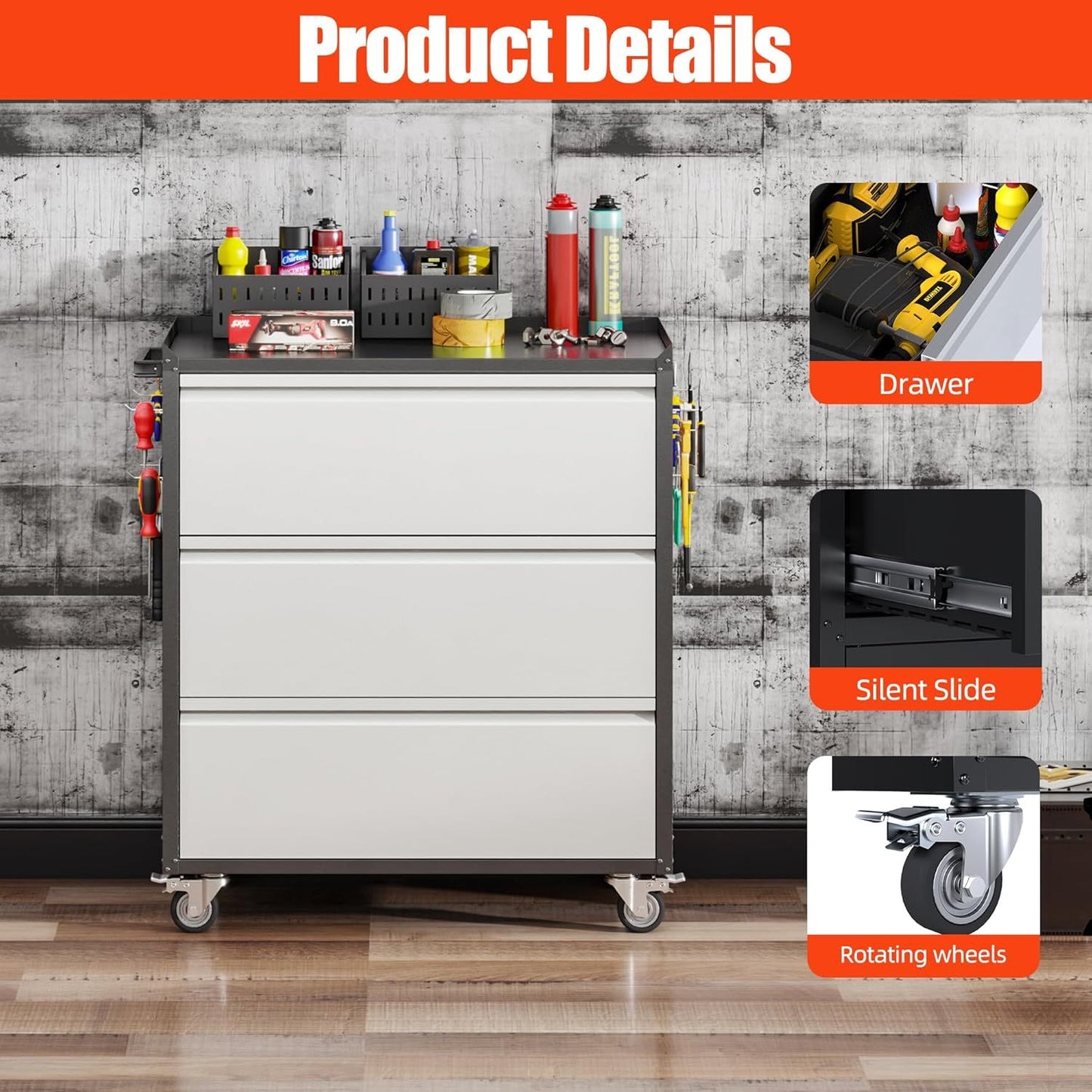 Aobabo Tool Storage Garage Cabinet With Wheels, 3 Drawer Tool Chest Rolling Metal Storage Cabinet On Wheels, Assembly Required, Black Gray