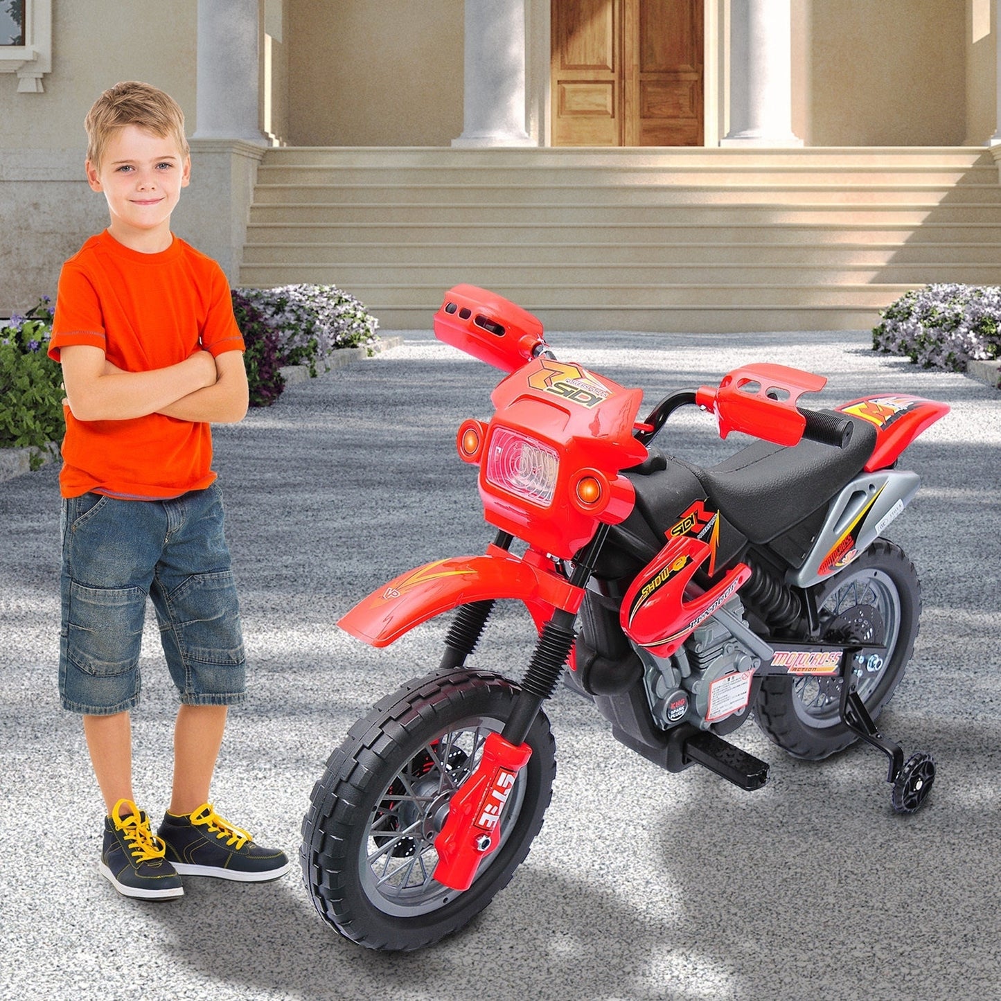 6V Kids Motorcycle Dirt Bike Electric Battery-Powered Ride-On Toy Off-road Street Bike with Training Wheels