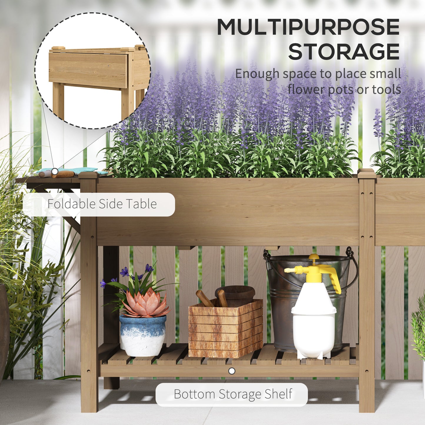 Wood Raised Garden Box, Elevated Garden Bed With Side Table, Bottom Shelf, Bed Liners And Drainage Holes, Carbonized