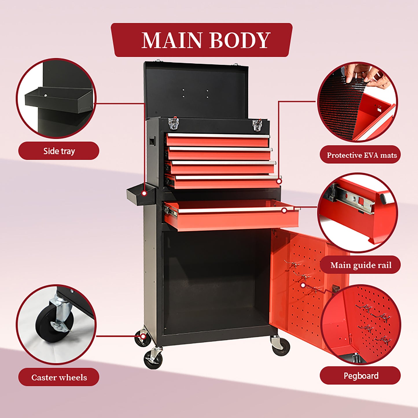 Five-Drawer Rolling Tool Chest With Wheels, Detachable Cabinet Storage Tool Box With Drawers, Metal Tool Cart With Toolbox For Garage Workshop WarehouseBLACK RED