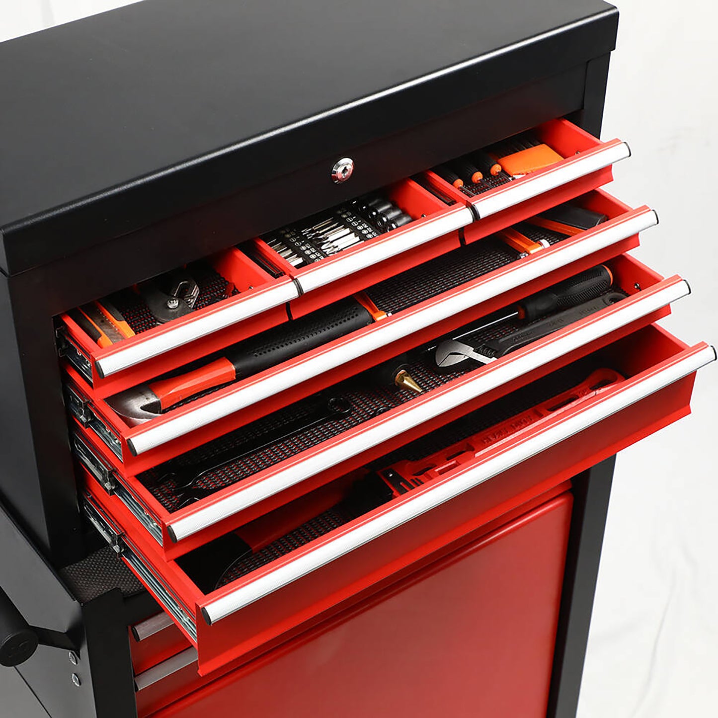 Eight-drawer Large Capacity Rolling Toolbox, Detachable Cabinet Storage Toolbox With Wheels And Drawers, Detachable Toolbox With Lock For Workshop Mechanical Garage BLACK RED