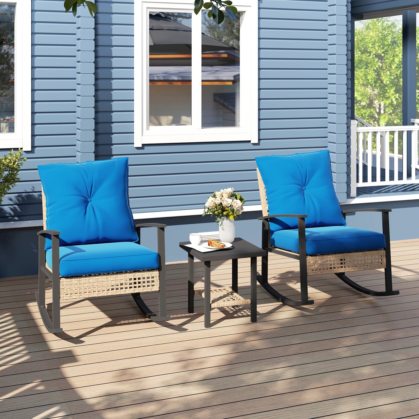 3 Pieces Bistro Set, Patio Wicker Furniture Set With Button Tufted Cushions, Rattan Rocking Chairs, Coffee Table, Blue