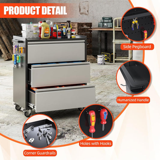 Aobabo Tool Storage Garage Cabinet With Wheels, 3 Drawer Tool Chest Rolling Metal Storage Cabinet On Wheels, Assembly Required, Black Gray