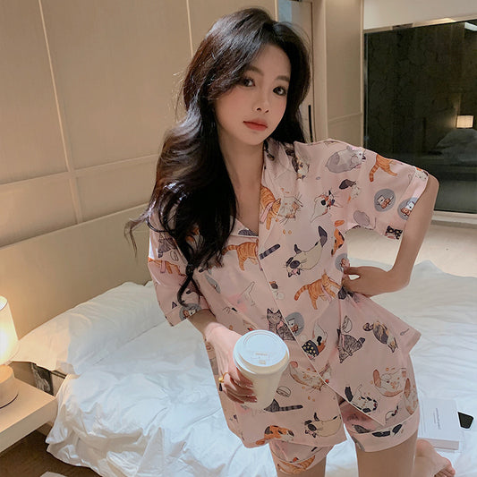 Simple Cat Cartoon Print Thin Pajamas Women