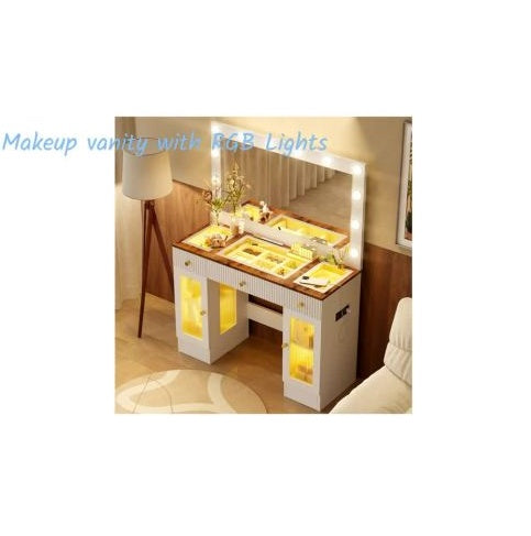 43.3 Vanity Desk With Large Mirror And Hollywood Bulbs, Modern Glass Top Makeup Vanity With Drawers And Power Outlet, Large Dressing Table With 3 Color Lighting Modes & RGB Cabinets For Bedroom