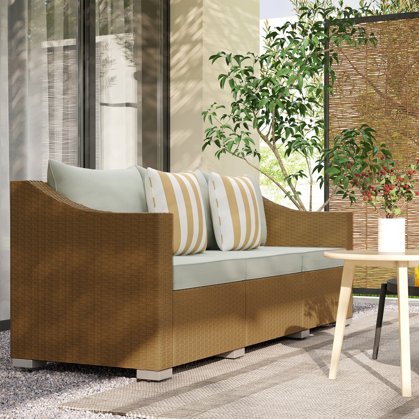 Rattan Wicker 3 Seater Patio Couch With Cushions, 2 Throw Pillows, Outdoor Furniture Rattan Sofa, Light Gray