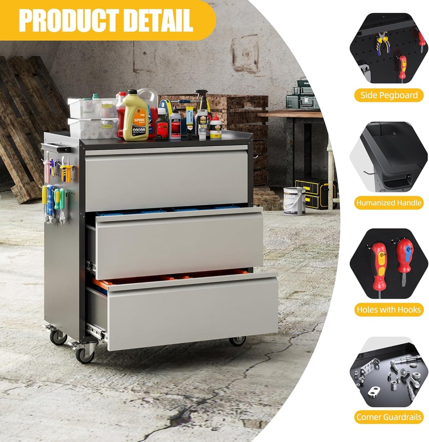Aobabo Metal Garage Tool Storage Cabinets With Wheels, Steel Cabinet With Drawer, 3 Drawers Rolling Tools Chest Cabinet For Garage, Warehouse, Assembly Required, Black Grey