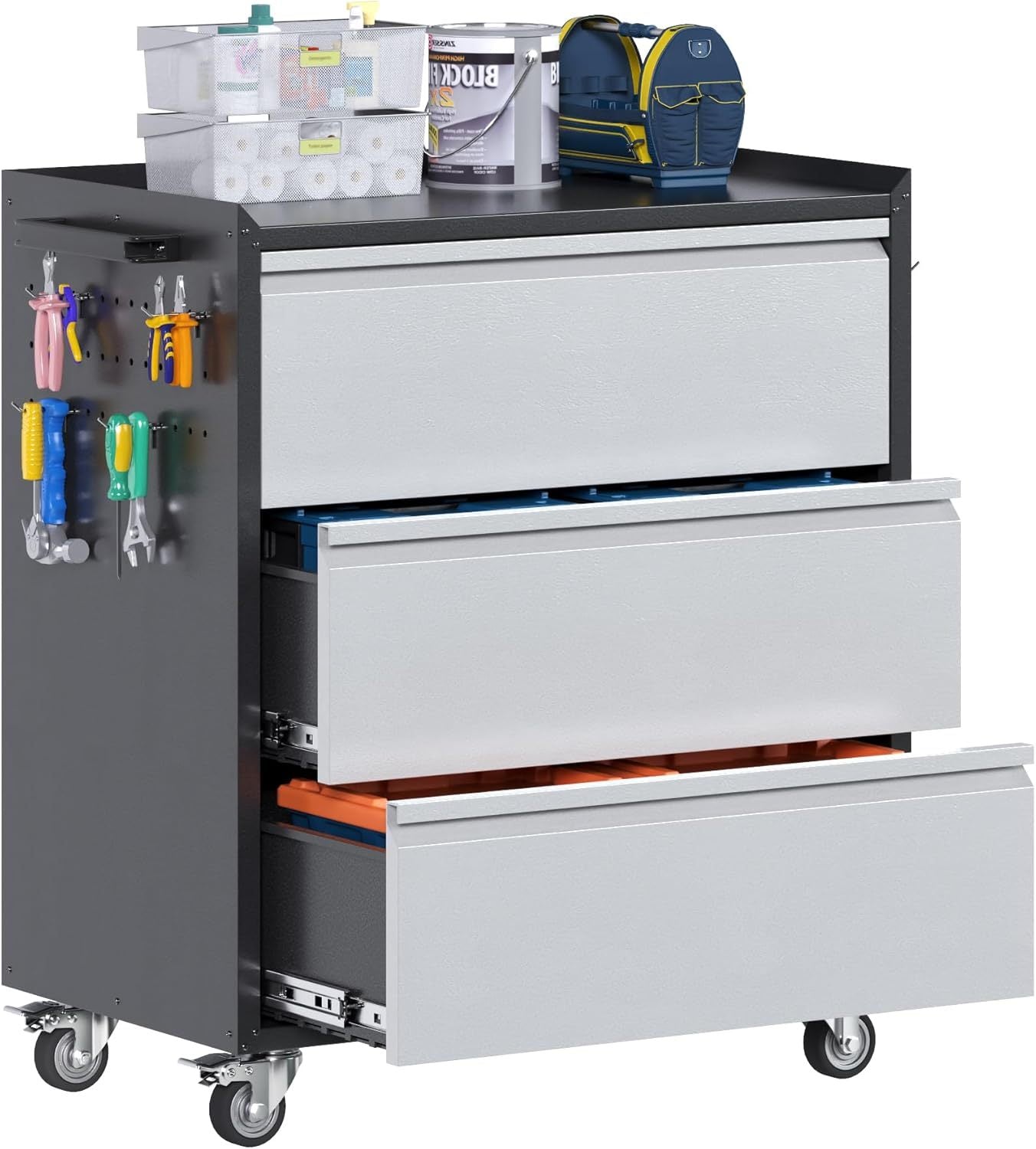 Aobabo Metal Garage Tool Storage Cabinets With Wheels, Steel Cabinet With Drawer, 3 Drawers Rolling Tools Chest Cabinet For Garage, Warehouse, Assembly Required, Black Grey