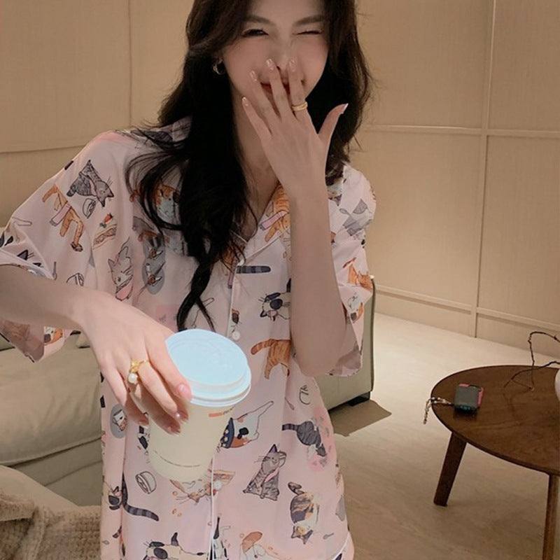 Simple Cat Cartoon Print Thin Pajamas Women