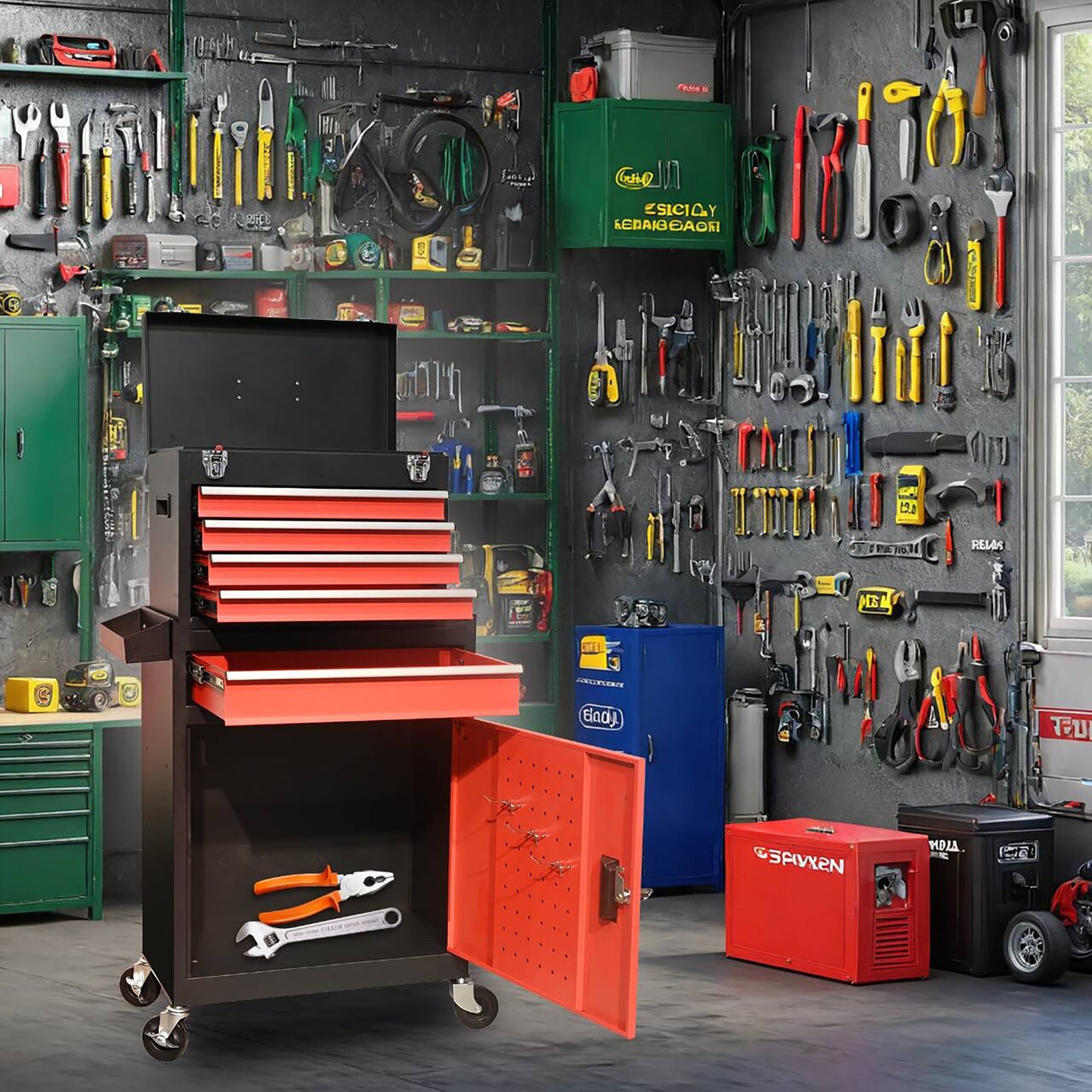 Five-Drawer Rolling Tool Chest With Wheels, Detachable Cabinet Storage Tool Box With Drawers, Metal Tool Cart With Toolbox For Garage Workshop WarehouseBLACK RED