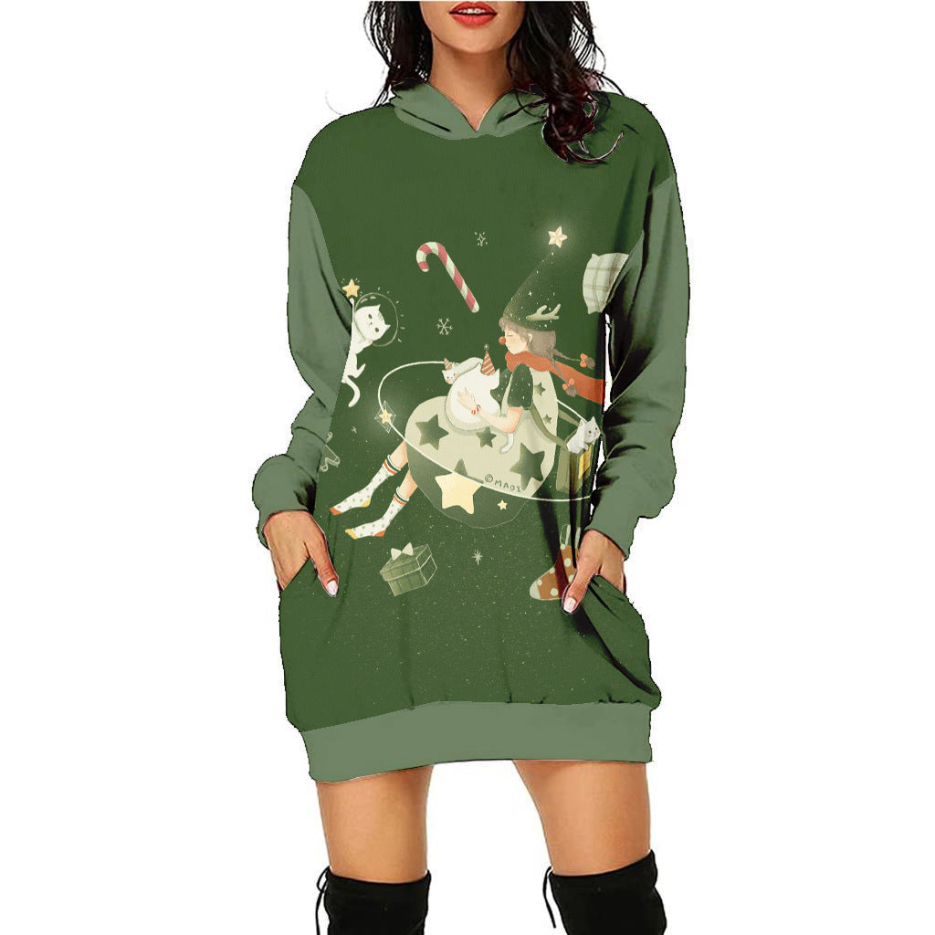 Women's Fashion Printed Christmas Holiday Party Sweatshirt Dresses