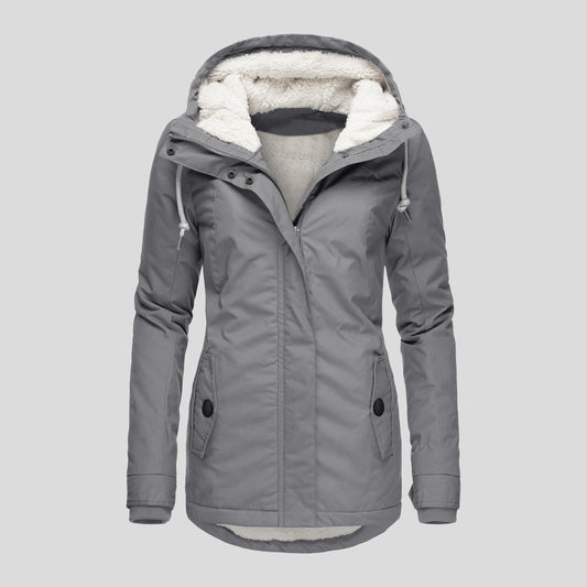 Winter Hooded Jacket Solid Color Warm Buckle Zip-up Fleece Jacket With Pockets Women's Casual Jacket