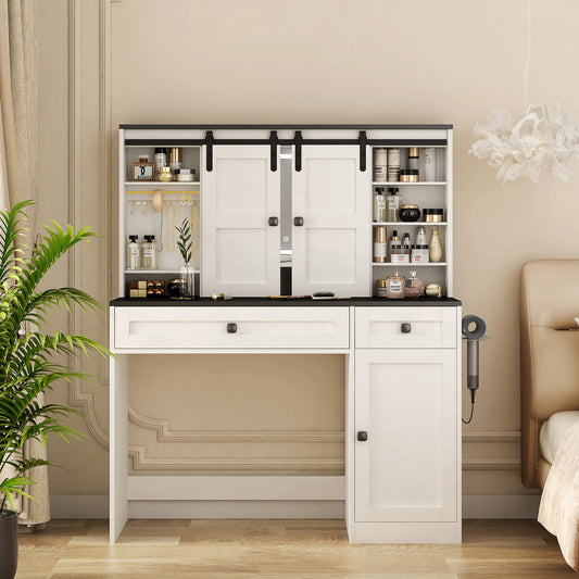 Farmhouse Dressing Table Makeup Table,  Wide Dressing Table With Lighted Mirror And Makeup Drawer, Large Modern Dressing Table Set With Hair Dryer Holder For Bedroom, White