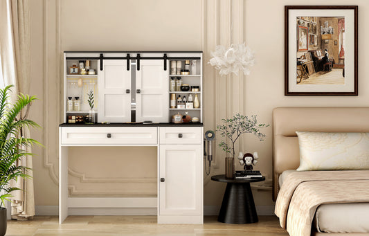 Farmhouse Dressing Table Makeup Table,  Wide Dressing Table With Lighted Mirror And Makeup Drawer, Large Modern Dressing Table Set With Hair Dryer Holder For Bedroom, White