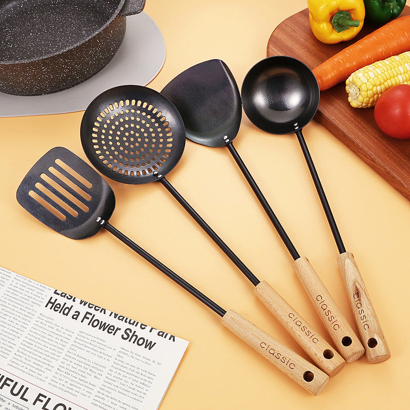 Black Pig Iron Spatula And Soup Spoon Household Non-stick Pan Long Handle Cooking Chef Shovel Colander Beech Handle Classical Kitchenware Set