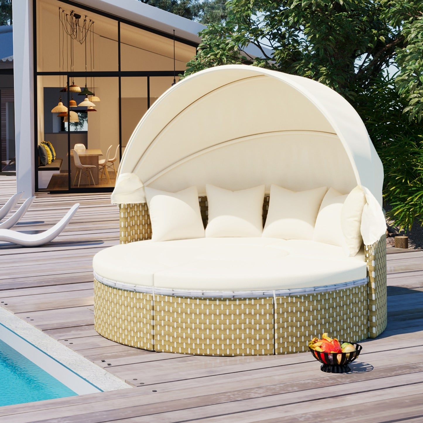 TOPMAX Terrassenmöbel Rundes Outdoor-Sofa-Set Rattan-Tagesbett Zweifarbige Web-Sonnenliege Mit Ret