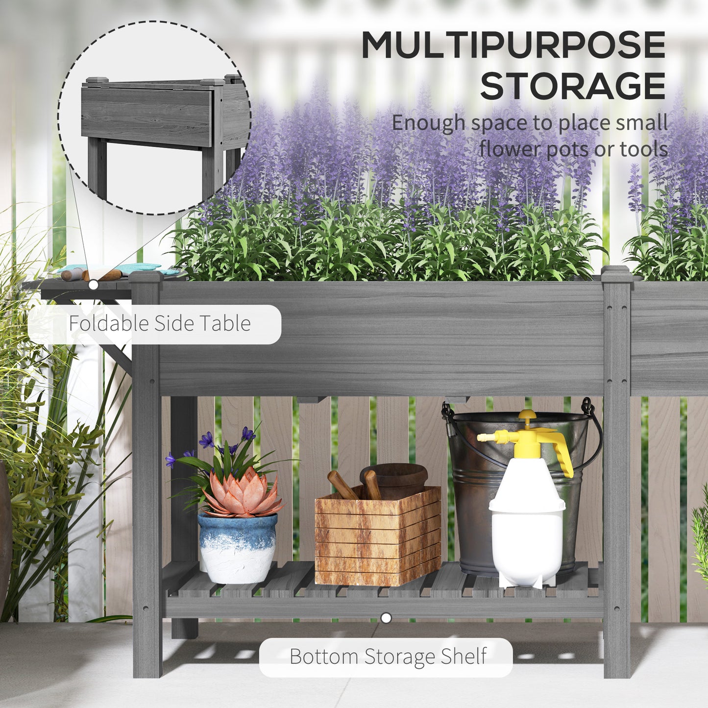 Wood Raised Garden Box, Elevated Garden Bed With Side Table, Bottom Shelf, Bed Liners And Drainage Holes, Gray