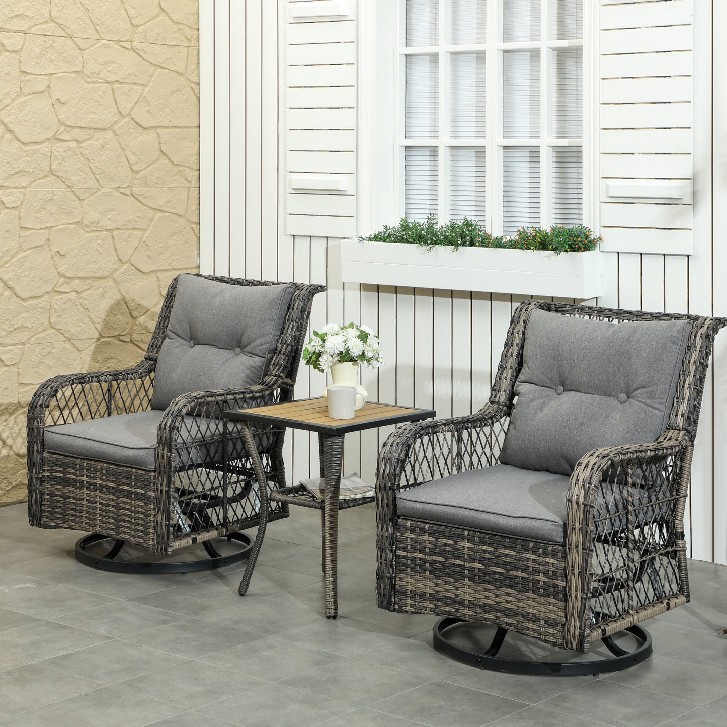 3 Piece Outdoor Bistro Set, Wicker Small Patio Furniture Set With Swivel Glider Chairs For Balcony, Porch, Gray