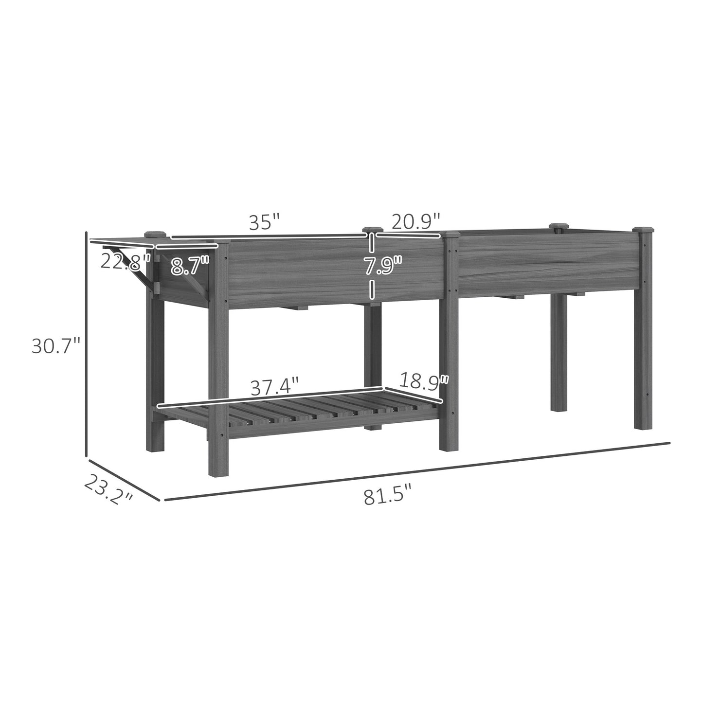 Wood Raised Garden Box, Elevated Garden Bed With Side Table, Bottom Shelf, Bed Liners And Drainage Holes, Gray
