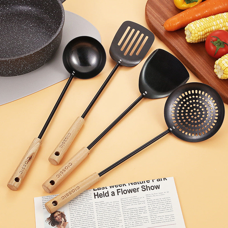 Black Pig Iron Spatula And Soup Spoon Household Non-stick Pan Long Handle Cooking Chef Shovel Colander Beech Handle Classical Kitchenware Set
