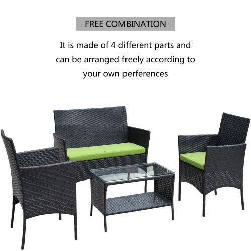 4 PC Rattan Patio Furniture Set Outdoor Patio Cushioned Seat Wicker Sofa Green Cushion