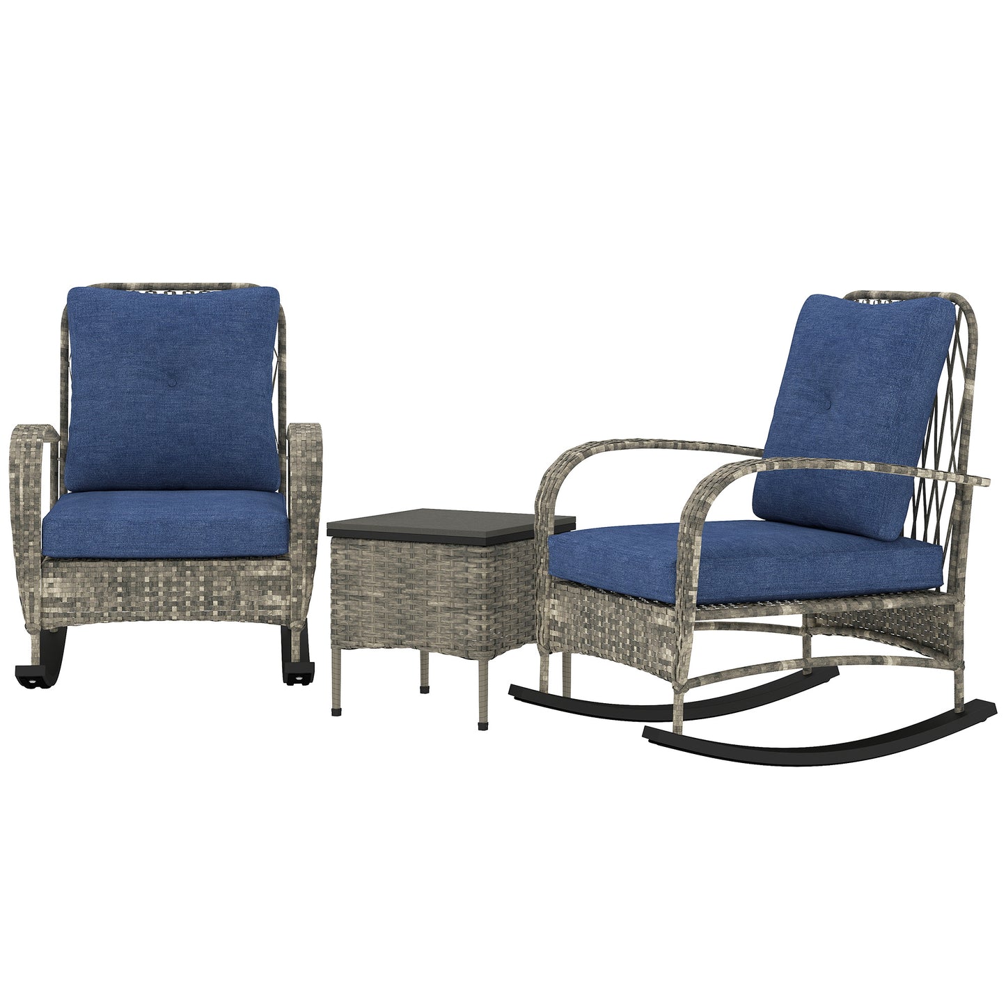 3 Piece Wicker Patio Furniture Set, Outdoor PE Rattan Rocking Chairs With Coffee Table, Cushions For Porch, Gray