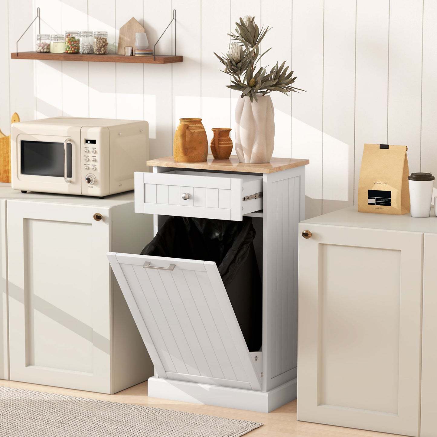 Kitchen Tilt Out Trash Bin Cabinet Free Standing Recycling Cabinet Trash Can Holder With Drawer