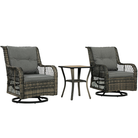 3 Piece Outdoor Bistro Set, Wicker Small Patio Furniture Set With Swivel Glider Chairs For Balcony, Porch, Gray