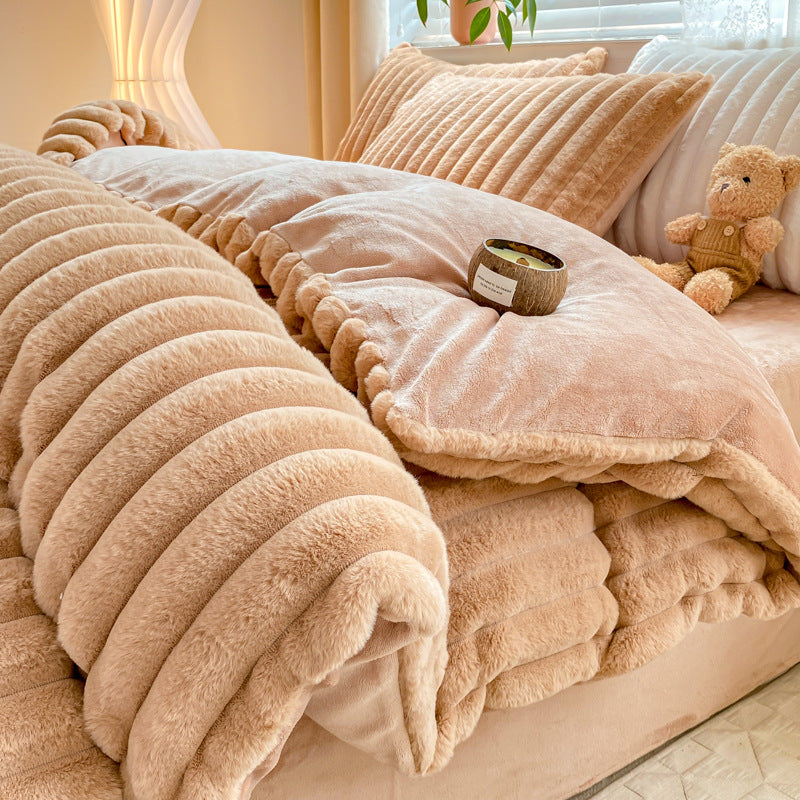 Rabbit Plush Four-piece Set Thickened Milk Fiber Sheets Coral Fleece Duvet Cover